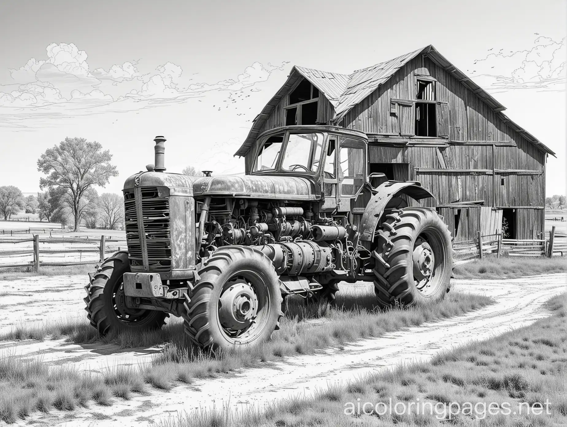 Ruined-Red-Barn-with-Old-Tractor-Coloring-Page-for-Kids