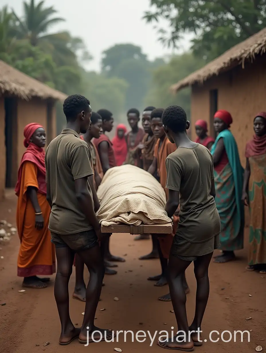 Somber-Village-Scene-with-Traditional-People-and-Wooden-Stretcher