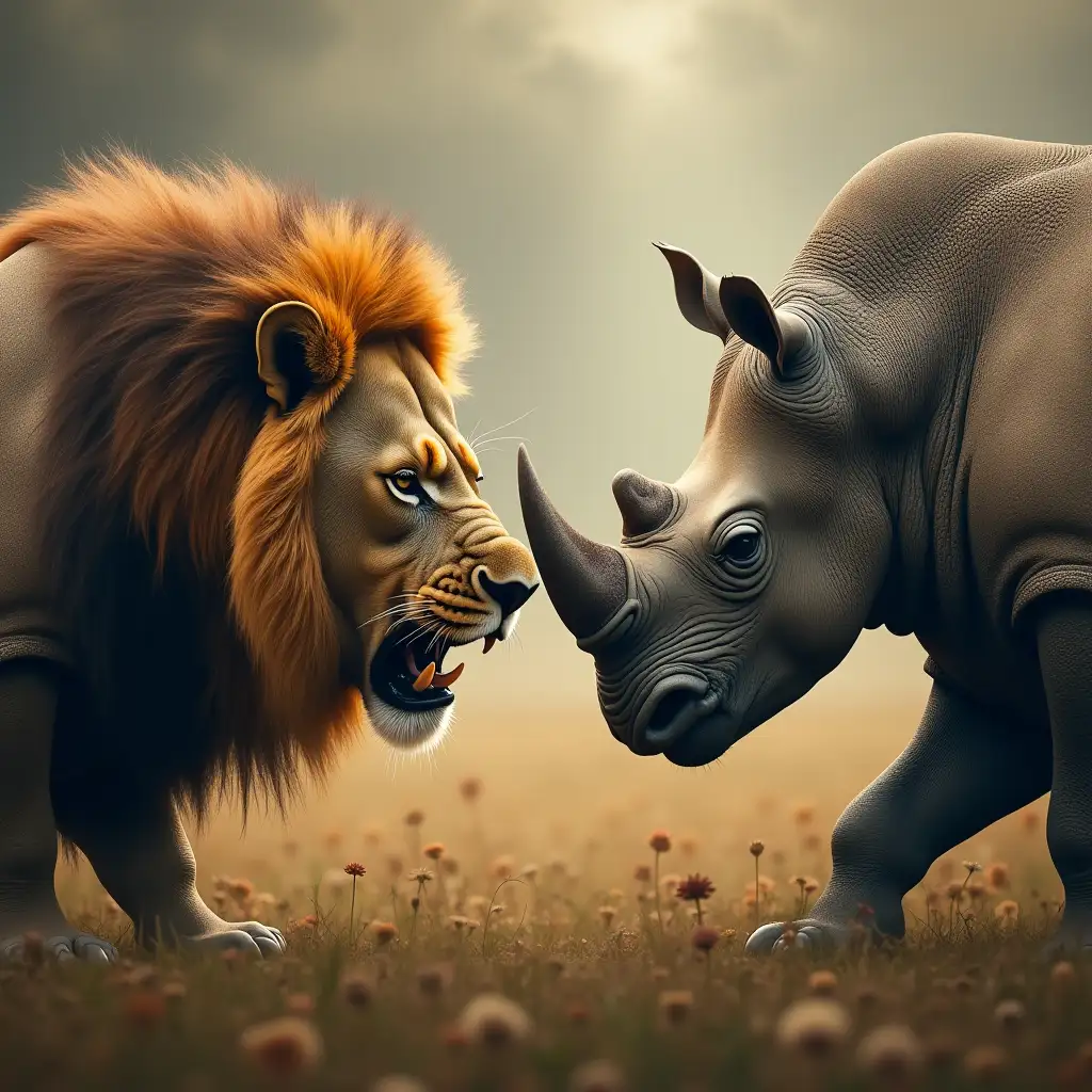 Give me detailed prompt of these two animals To Create images   First, create an image where a lion and a rhino are placed together, both are in an angry mode and facing each other. Ensure the background matches their intense expressions. In the second image, create a hybrid version where features of the lion and rhino are combined into a single, seamless entity with a monstrous dangerous appearance and background intense their expression. give me prompt only