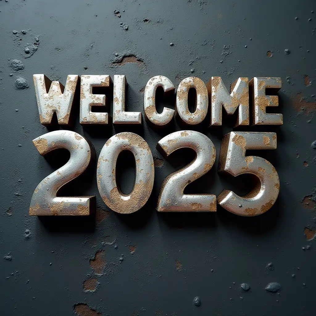 Welcome 2025 written with metallic steel letters on textured surface, high defined image, top view, 32k