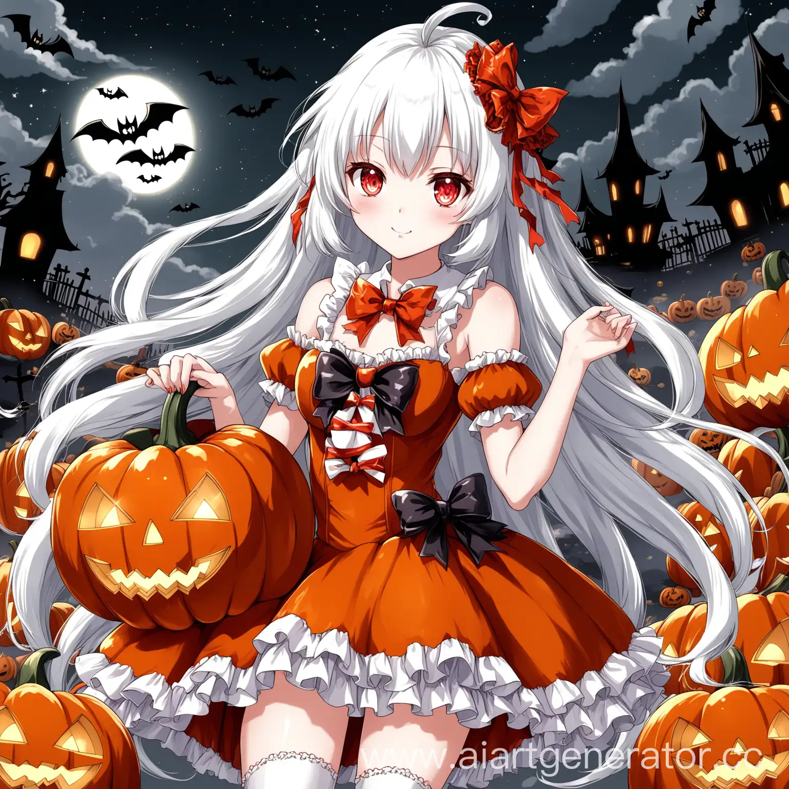 Anime-Candy-Girl-with-Red-and-White-Colors-Holding-Halloween-Pumpkin-and-White-Hair