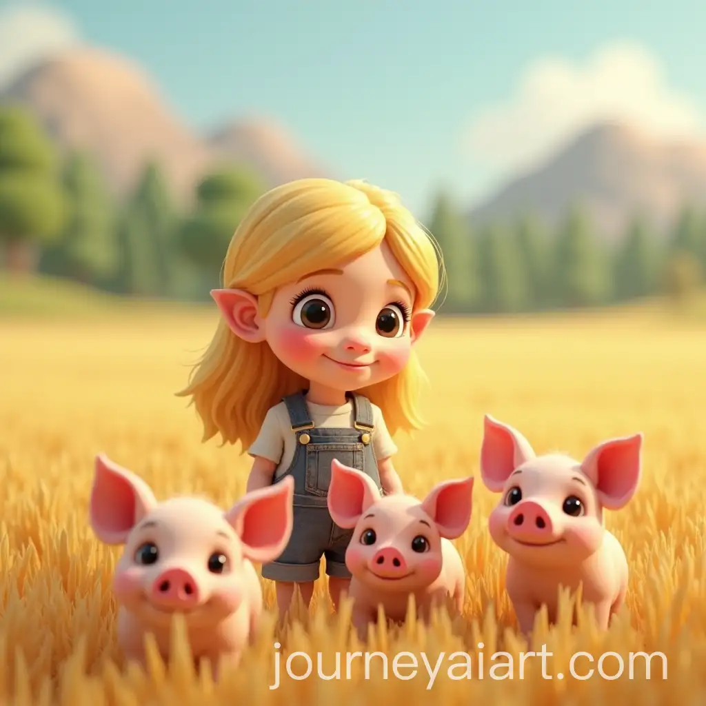 Young-Blonde-Girl-with-Three-Little-Pigs-in-a-Wheat-Field-3D-Disney-Style