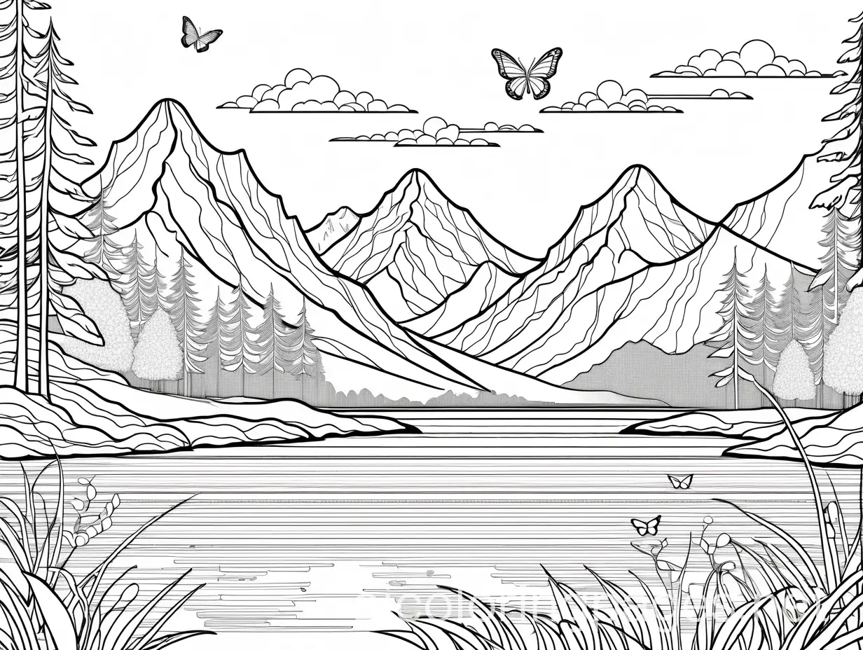 river with water fall and far left side, mountains in the background, butterflies, over the water. , Coloring Page, black and white, line art, white background, Simplicity, Ample White Space. The background of the coloring page is plain white to make it easy for young children to color within the lines. The outlines of all the subjects are easy to distinguish, making it simple for kids to color without too much difficulty