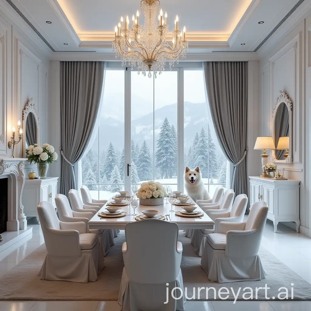 Classic-Luxury-Mansion-Living-Room-with-White-Dining-Set-and-Snowy-Mountain-View