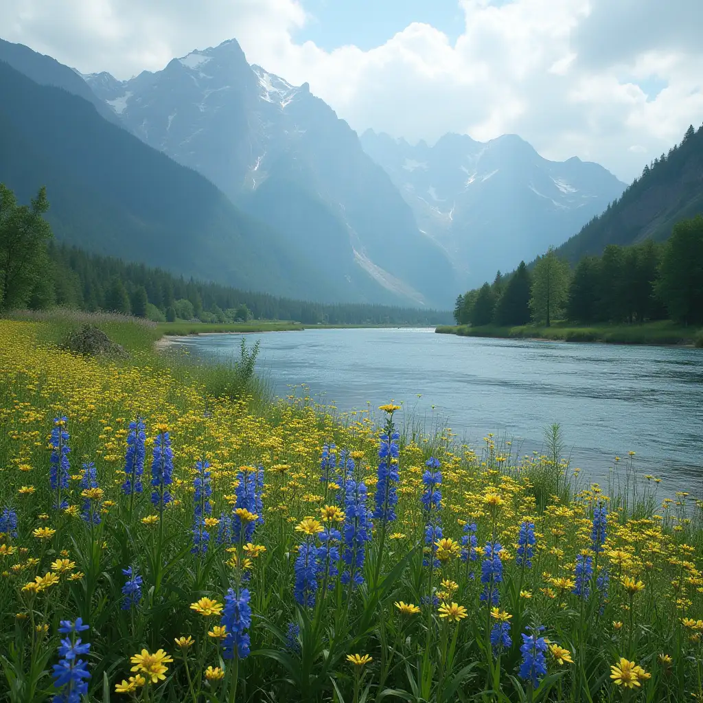 Field-of-Blue-and-Yellow-Flowers-by-River-with-Mountain-View