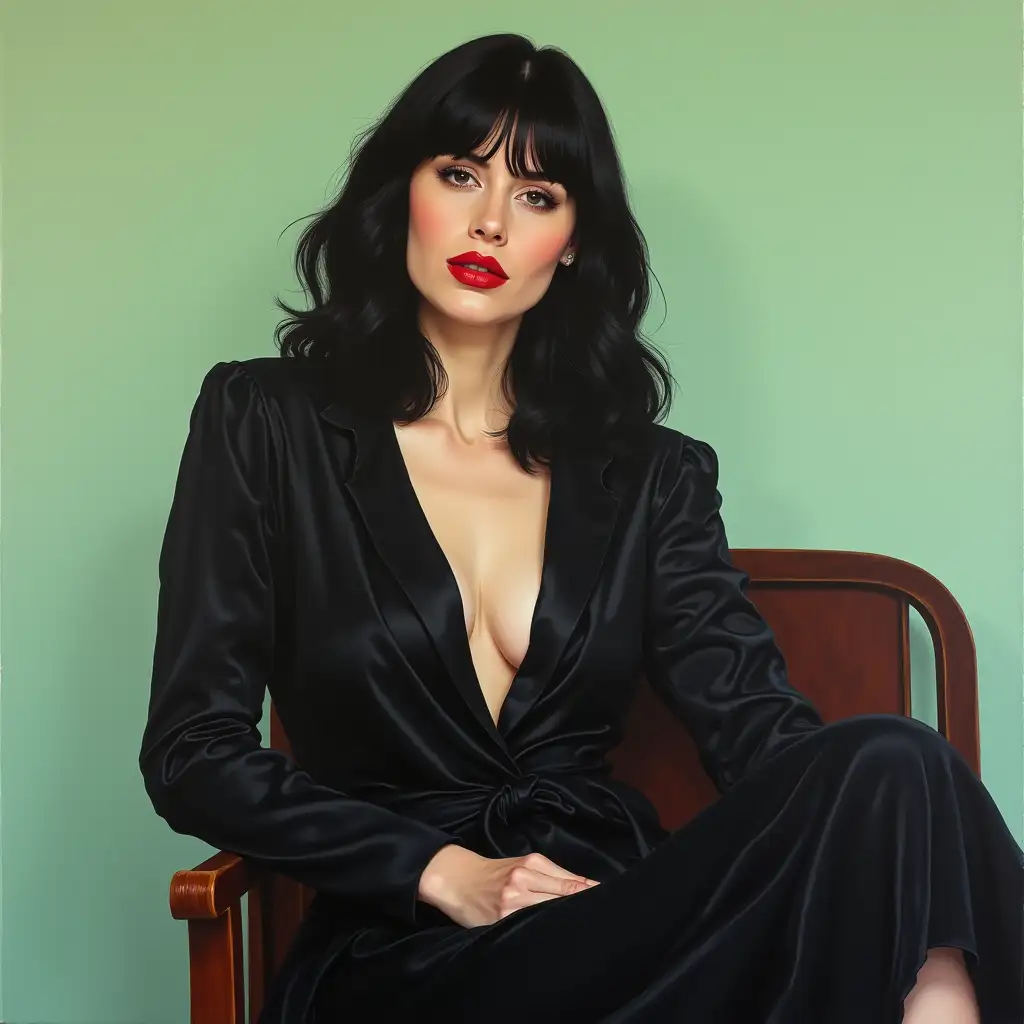 Woman, black shiny clothes, sitting on a chair, Red lipstick, black hair, light green background, moularouge style, oil on canvas, paint strokes, art