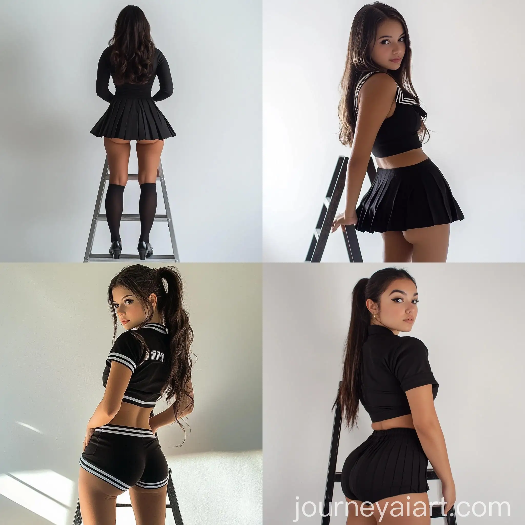 Brazilian-Woman-in-Black-School-Uniform-Posing-on-Studio-Ladder