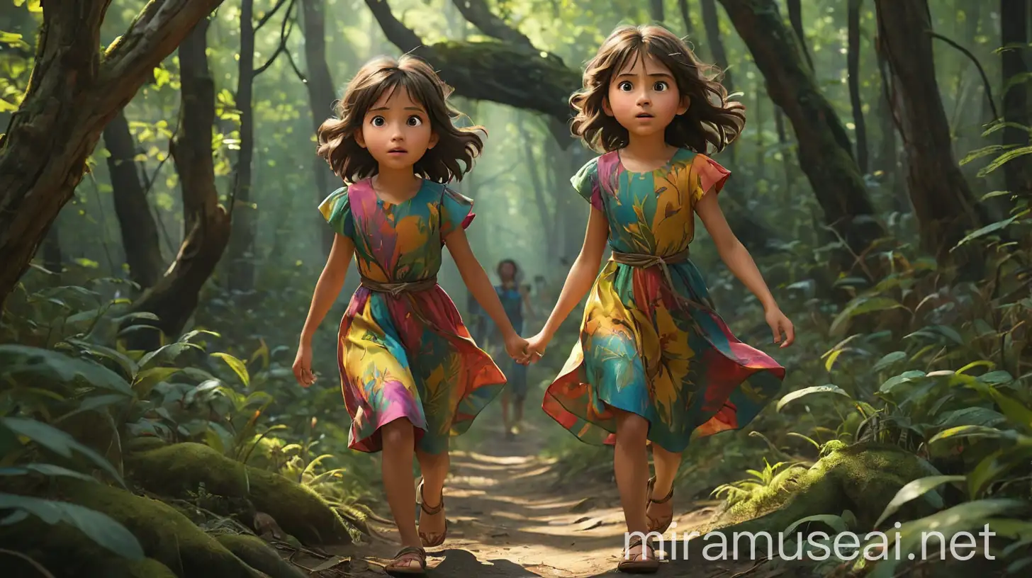 Young Girl in Colorful Dress Explores Enchanted Forest