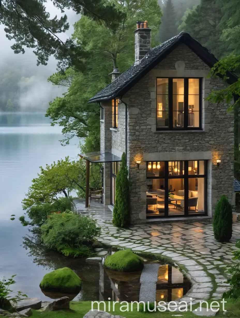 Serene Stone House by the Lake in Misty Weather