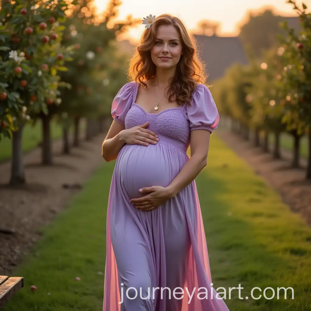 PregnantAI-Image-Prompt-Expansion-Woman-Strolling-Through-Apple-Orchard-at-Sunset-in-Lavender-Dress