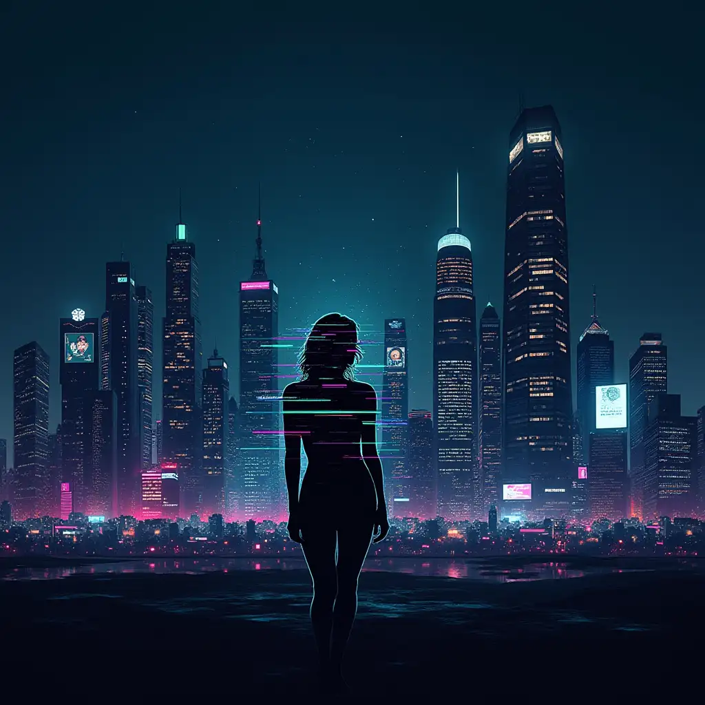 Draw an image that features a dark, neon-lit cityscape at dusk, with sleek skyscrapers and towering digital billboards that seem to stretch on forever. In the foreground, a lone female figure is seen, distorted and fragmented, as if she's being broken down into pixels and reassembled. Her face is obscured by a glitchy, static-filled mask, adding to the sense of disorientation and technological overload. The color palette is predominantly dark blues and purples, with flashes of neon green, pink, and blue that evoke the feeling of a futuristic, high-tech world. The overall mood is one of tension, disruption, and transformation, perfectly capturing the song's themes of technological disruption and sonic innovation. The image is heavily stylized, with bold, geometric shapes and distorted forms that reflect glitchy, electronic soundscapes. The overall design is sleek, modern, and thought-provoking, making it a compelling and eye-catching.