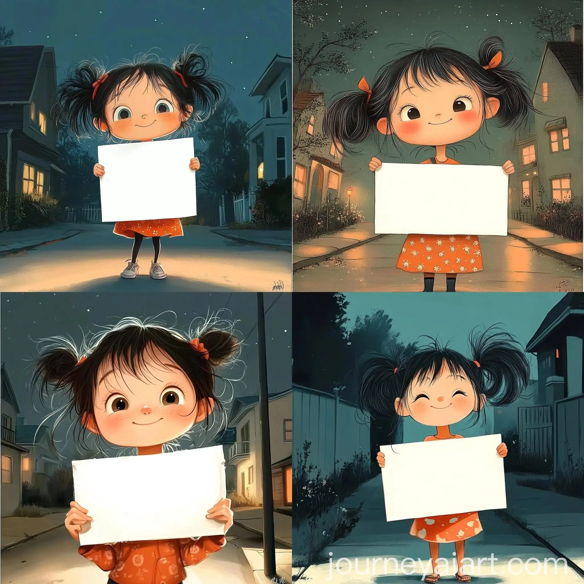 Whimsical-Girl-Holding-Blank-Card-on-Quiet-Suburban-Street-at-Night