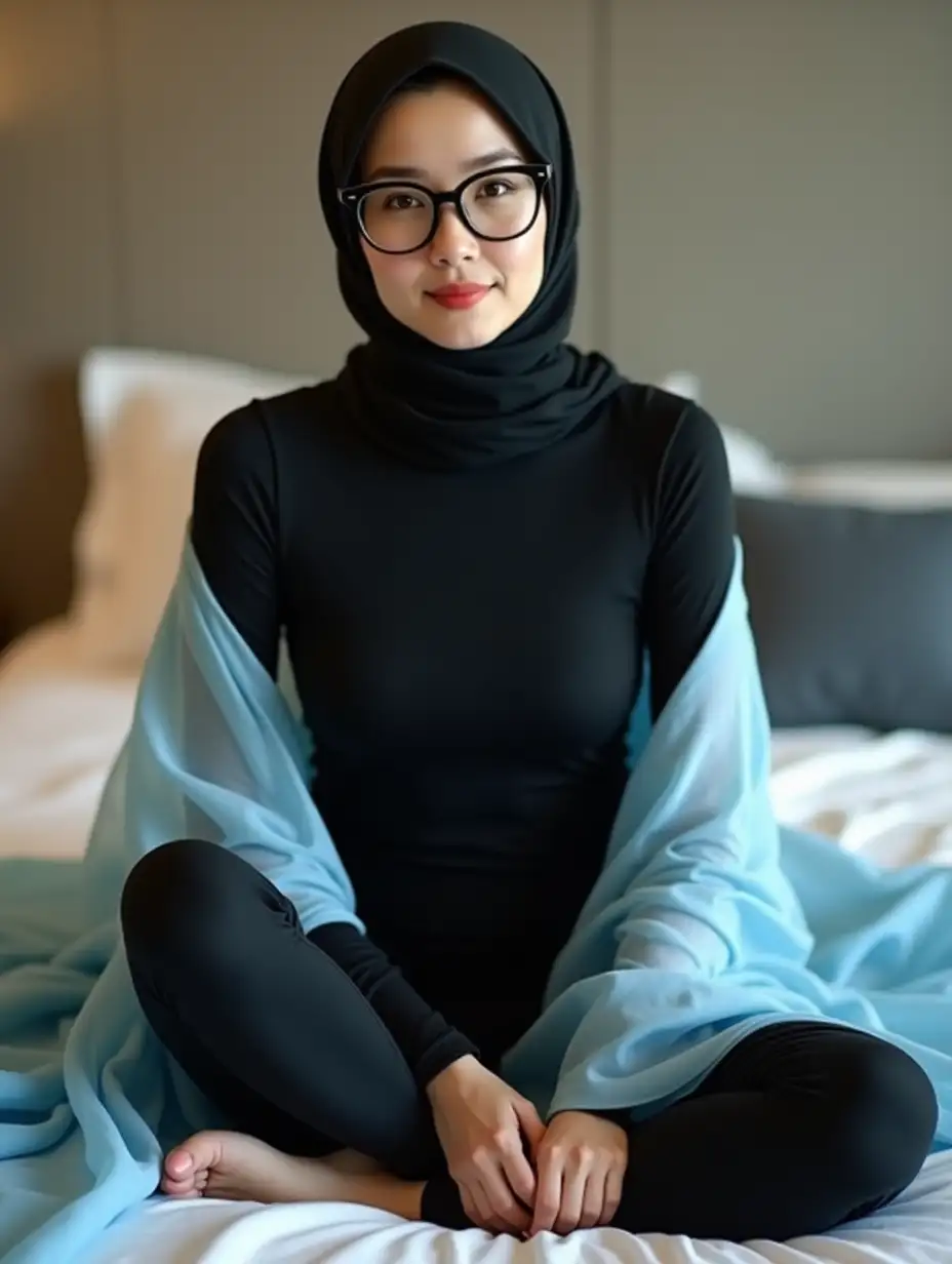 Asian-Woman-in-Black-Hijab-with-Light-Blue-Scarf-in-Cozy-Bedroom