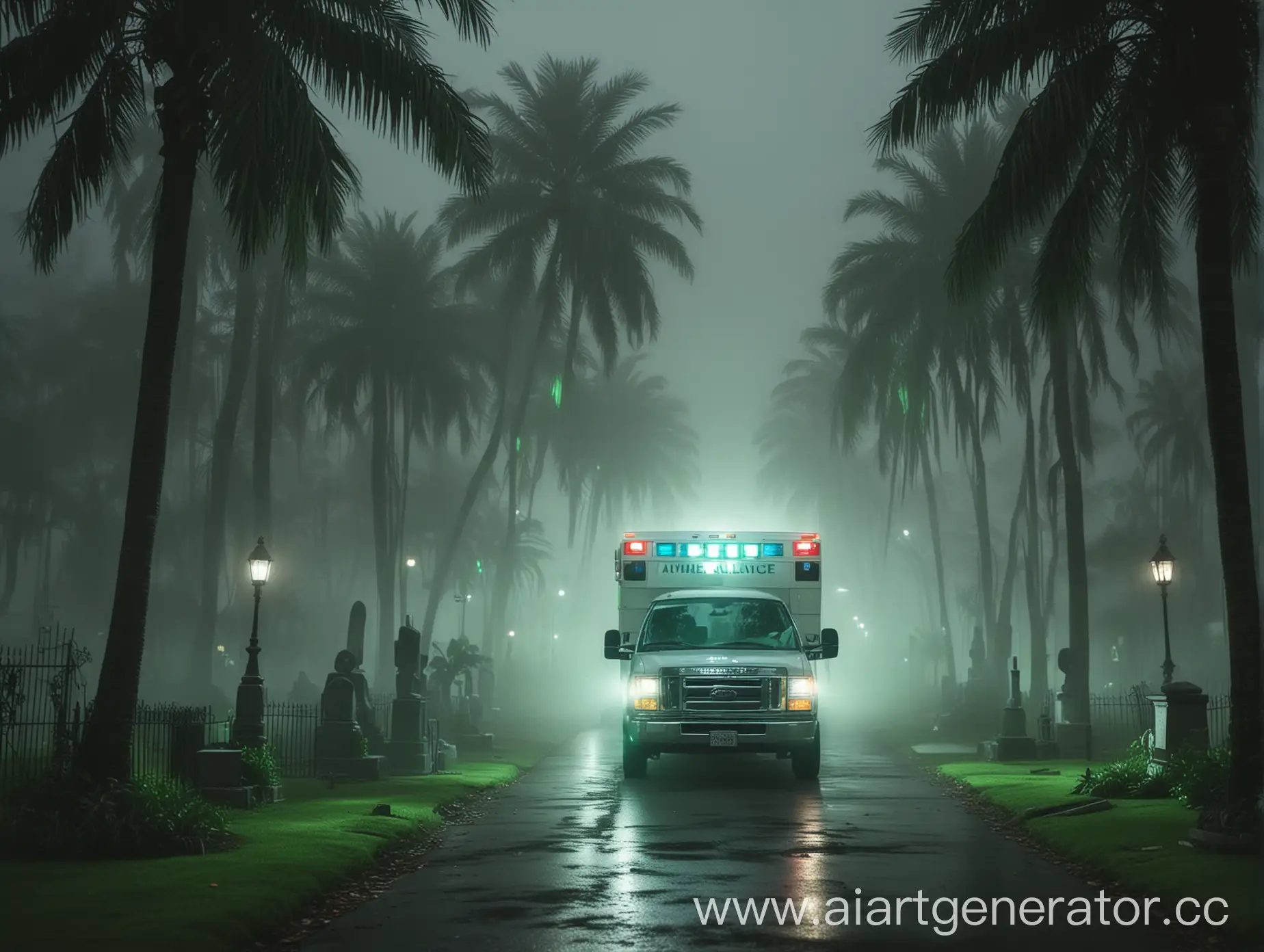 make me an image of an ambulance driving through a foggy creepy cemetery lit with green lights and palm trees in the shadows