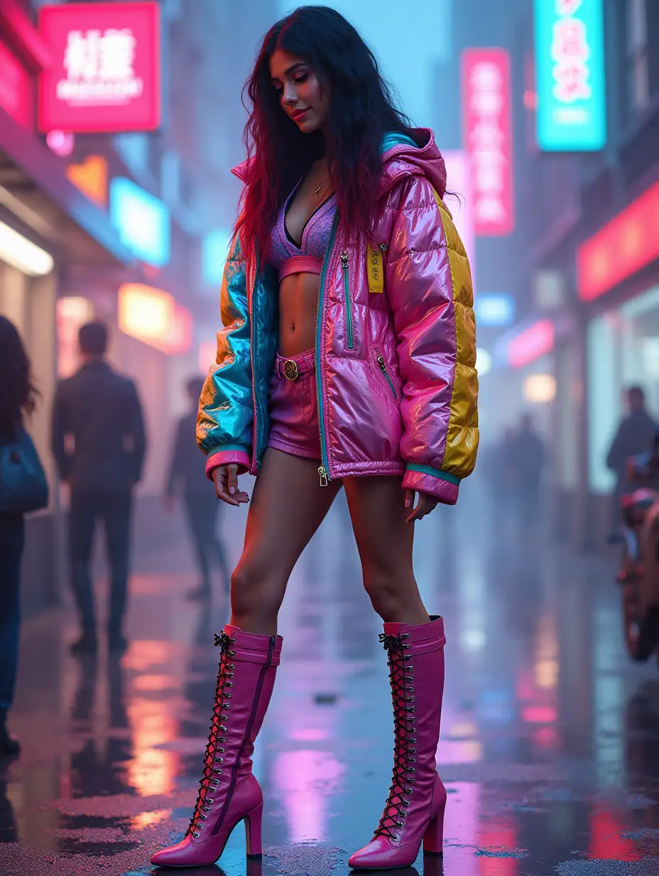 high-heeled boots,full length,bar of a futuristic future world, a young woman dressed in a shiny colorful jacket. The style is full of bright colors such as pink, blue, yellow and purple, and has futuristic details, holographic elements, long dark hair with crimson streaks, a slight smile when looking at someone