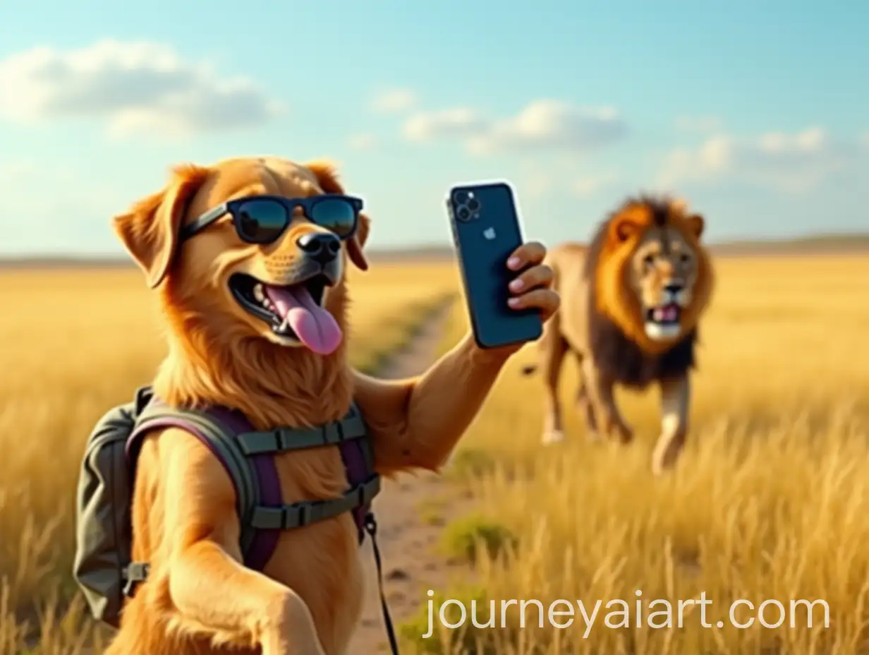 Golden-Retriever-Taking-a-Selfie-in-the-African-Savanna-with-a-Menacing-Lion-in-the-Background