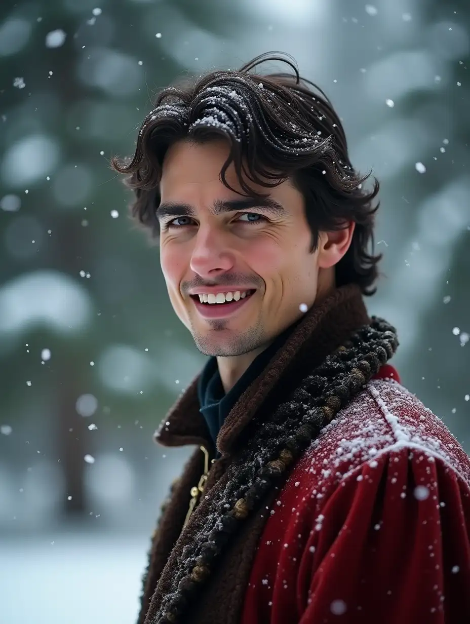 Winter, close-up portrait: a handsome young Tom Cruise with black hair just below the shoulders, in rich winter clothes of the medieval prince, smiling slightly, looks around and calls for himself, dynamic pose, against the background of a snow-covered park with dense fir trees, snowfall, luxury, falling snow, masterpiece