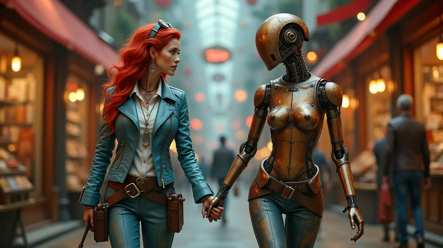 Young Steampunk Woman and Robot Companion in a Vibrant City Arcade