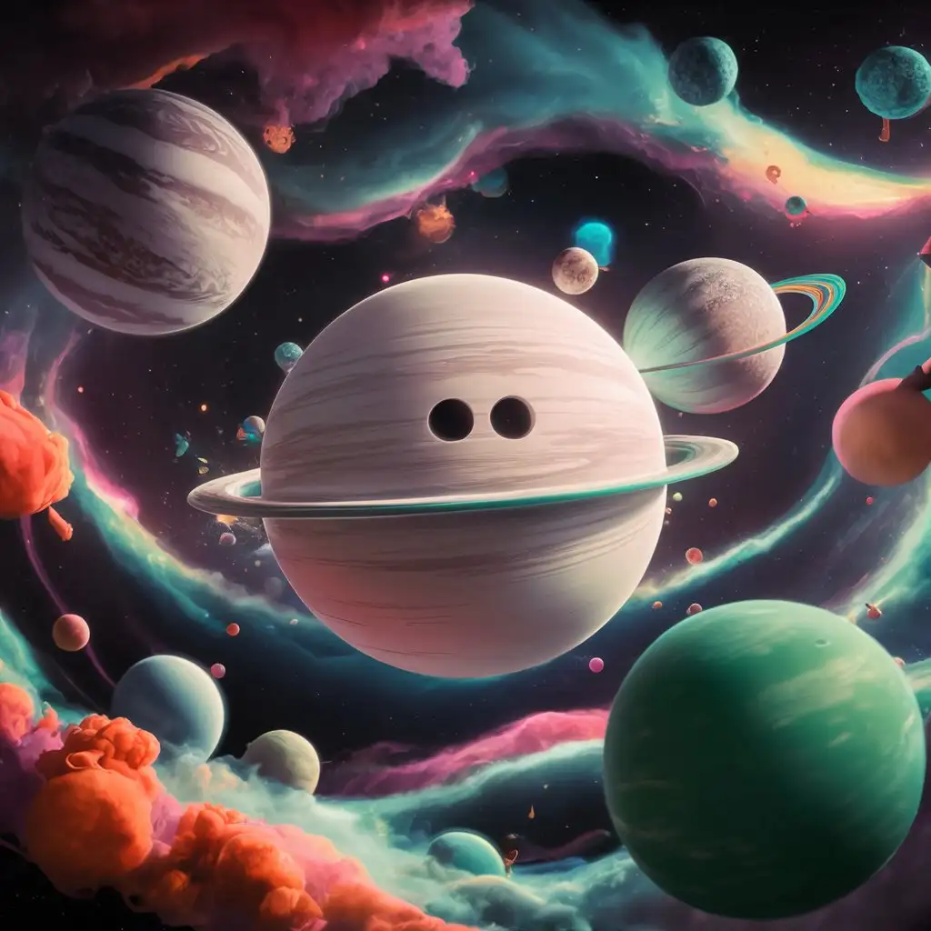 Colorful-Cartoon-Cosmos-with-Large-Planets-and-Central-White-Planet