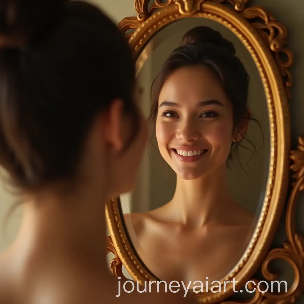 Confident-Young-Woman-Admiring-Herself-in-Ornate-Mirror-with-Soft-Golden-Lighting