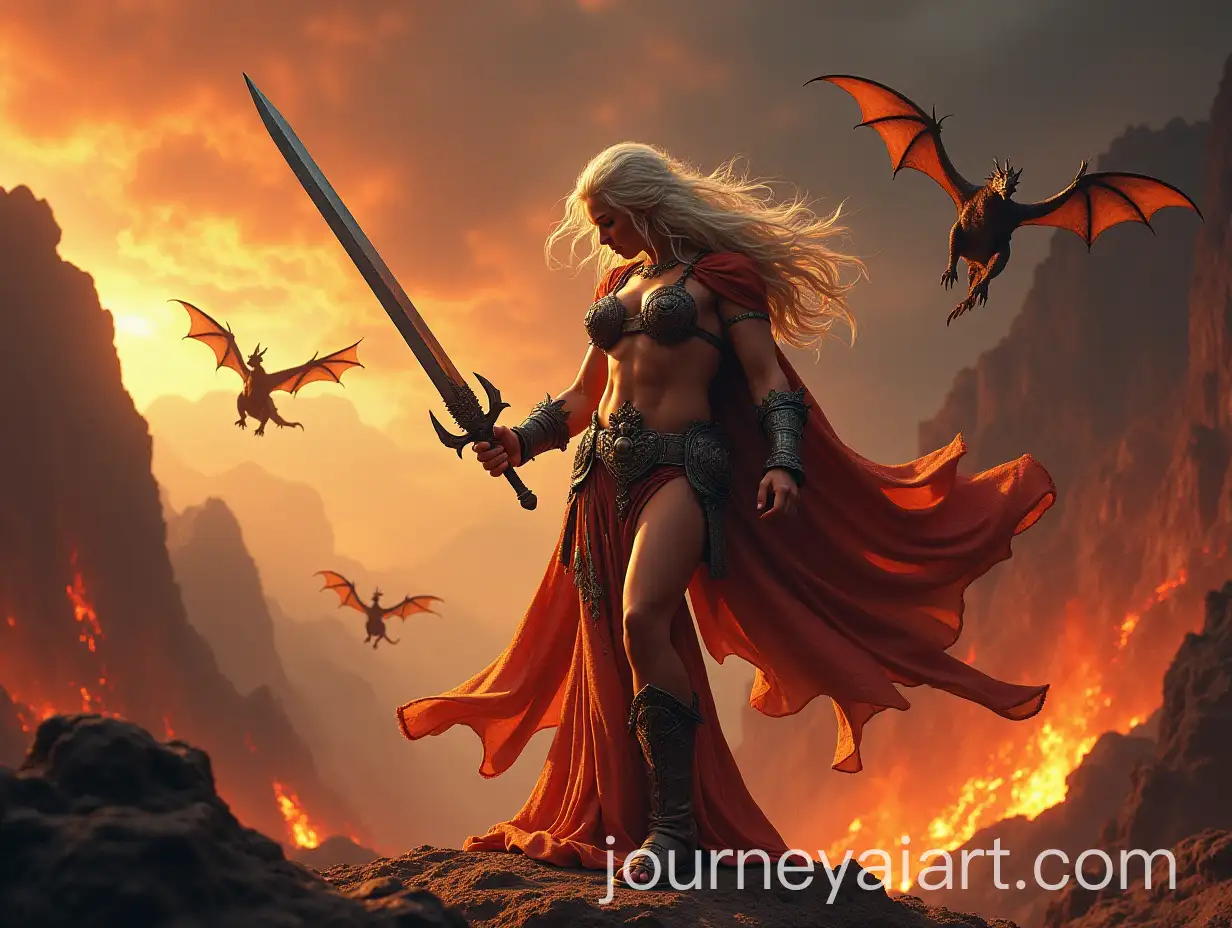 Conan-the-Barbarian-Standing-Over-a-Platinum-Blonde-Belly-Dancer-with-Dragons-in-Volcanic-Landscape