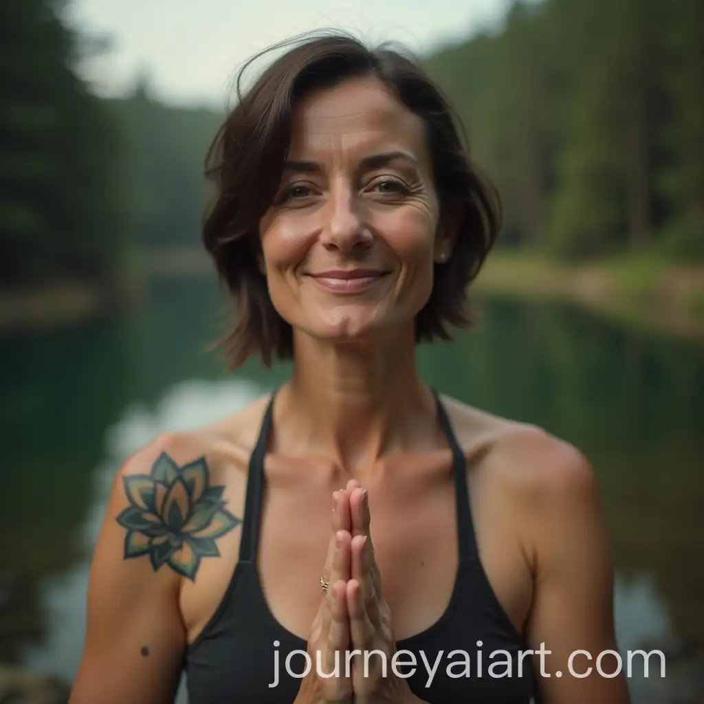 Realistic-Portrait-of-45YearOld-Woman-with-Lotus-Tattoo-in-Forest-Setting