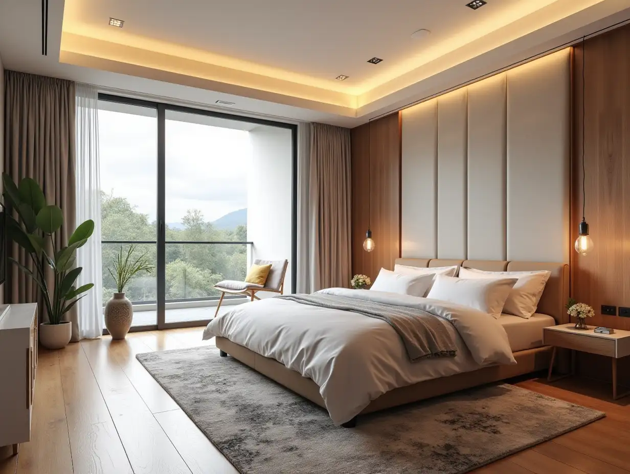 a very large modern bedroom with, 180 degree panoramic shots 8K resolution, colorful