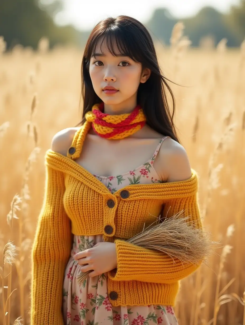 Thoughtful-Young-Asian-Woman-in-Autumn-Grassland