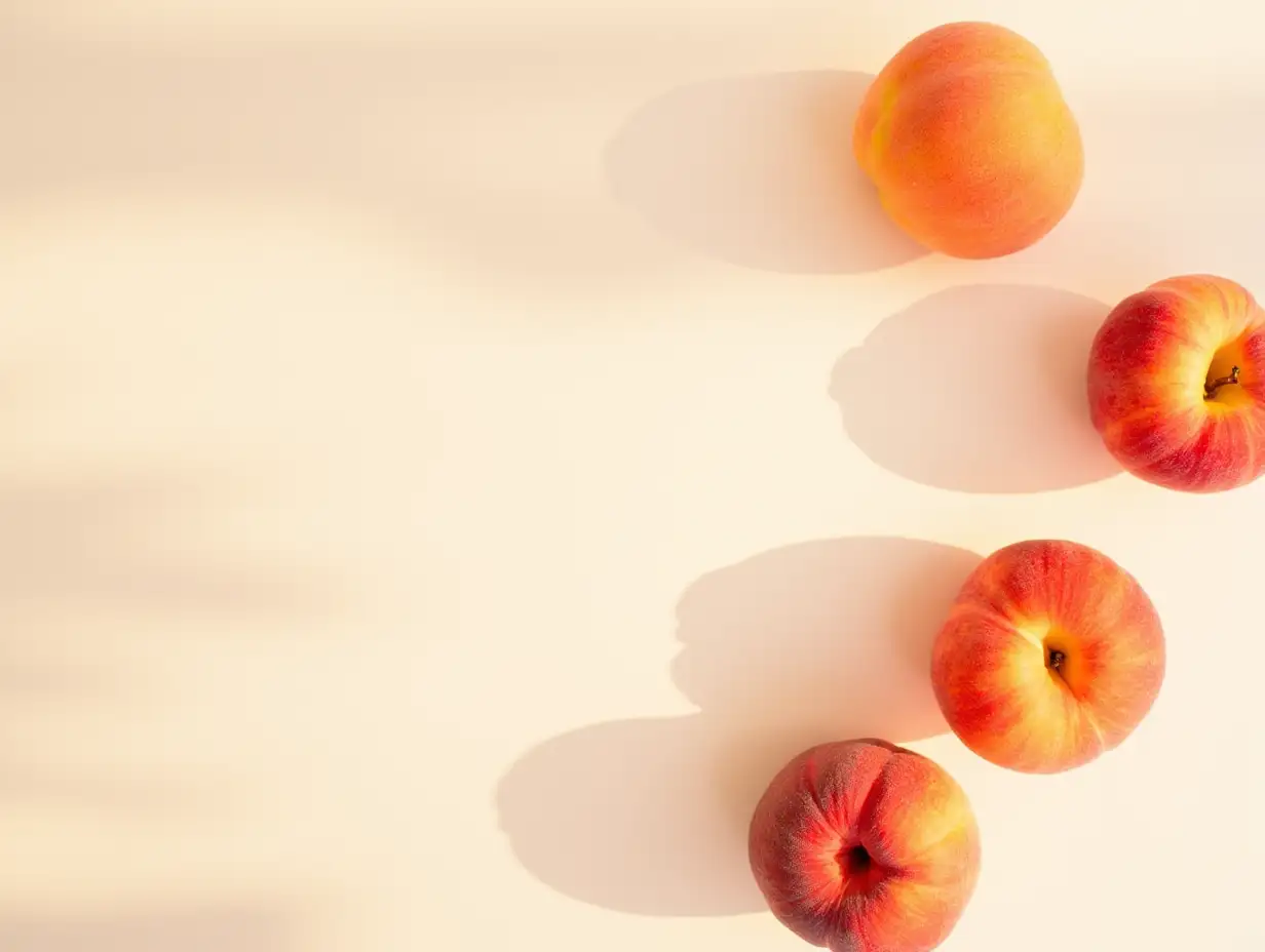 Aesthetic fruit background. Flat lay composition with peaches. Ripe juicy peaches on white background with sunlight shadows. Flat lay top view. Fresh organic fruit vegan food