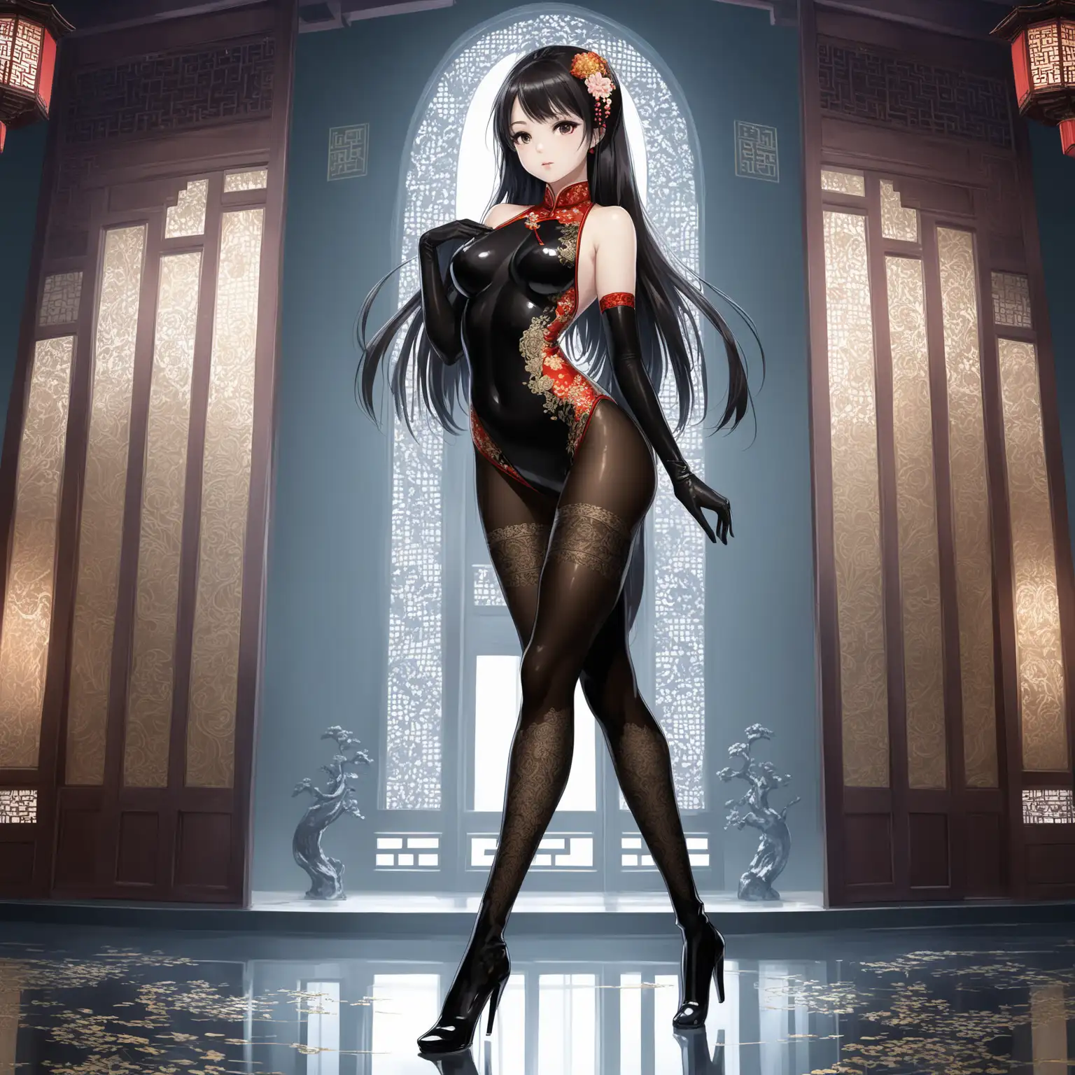 Anime-Girl-in-Stylish-Bodystockings-and-Qipao-with-Long-Gloves