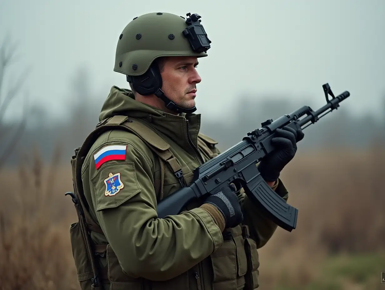 Russian soldier with ak74, Russian flag on his sleeve