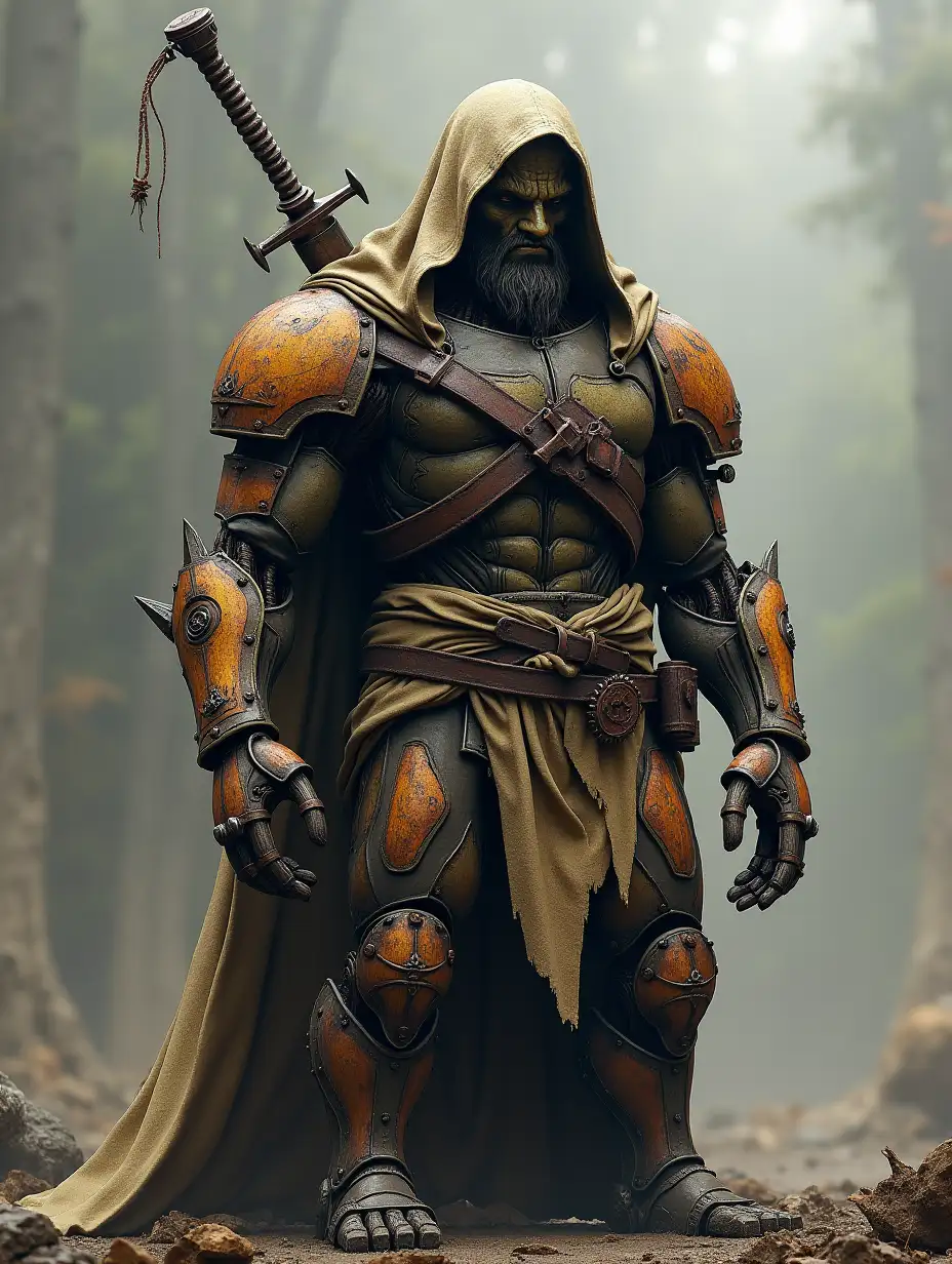 A big and muscular adult male robot warrior, dark wooden and a bit of metal, partly covered in rags with hood, semi-rusted with a neutral face but inspiring tranquility, under the rust can be seen a little gold in the original color, armed with a two-handed sword tied to his back