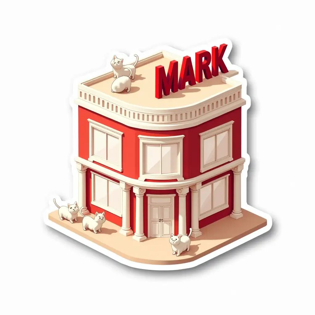 cutout isometric vector sticker: view of the 3-storey building from the corner, the ground floor is completely red-brown in color with white windows and a white glass door in the center of the frame. In the center, above the door of the first floor, there are two white columns two stories high, the upper two floors are light peach-colored with white, the corner of the building is rounded and decorated with a colonnade resting on the first floor and supporting the roof top. at the very top of the corner of the building are red letters forming the word MARK. There are white little anime white cats next to the buildings in the image of business people. Sticker design - top view, blank background, high resolution, vector graphics, white background, paint anime style.