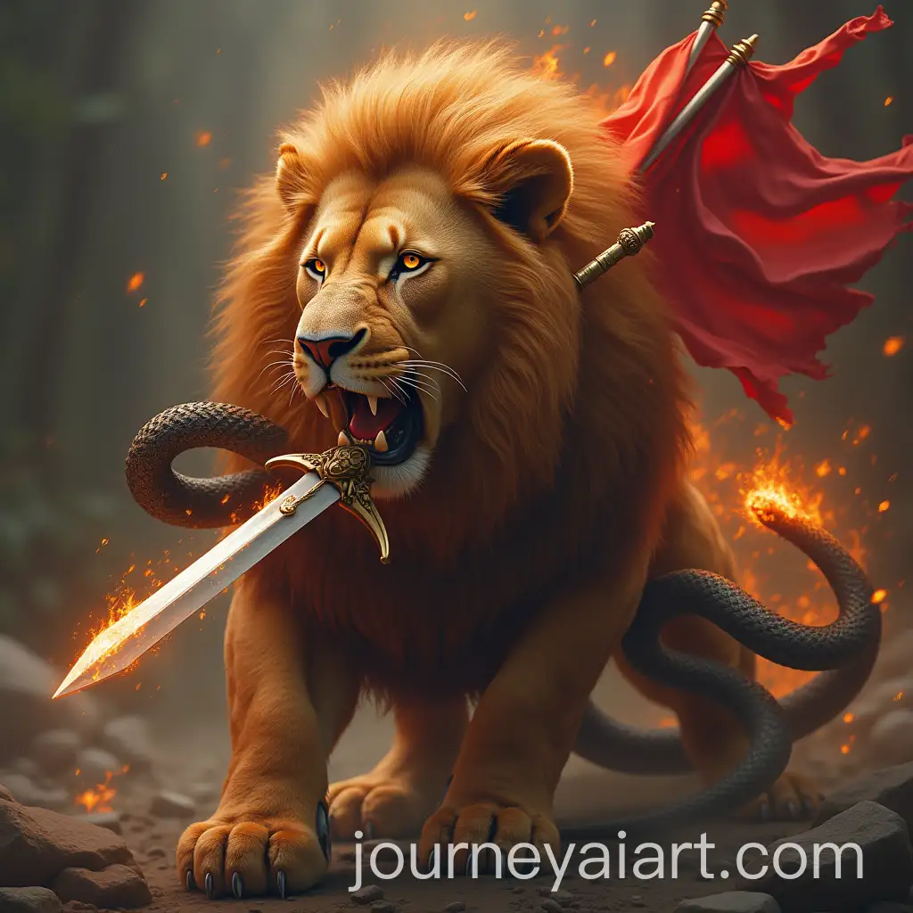 Lion-with-Flaming-Eyes-Holding-Sword-in-Battle-with-Snake
