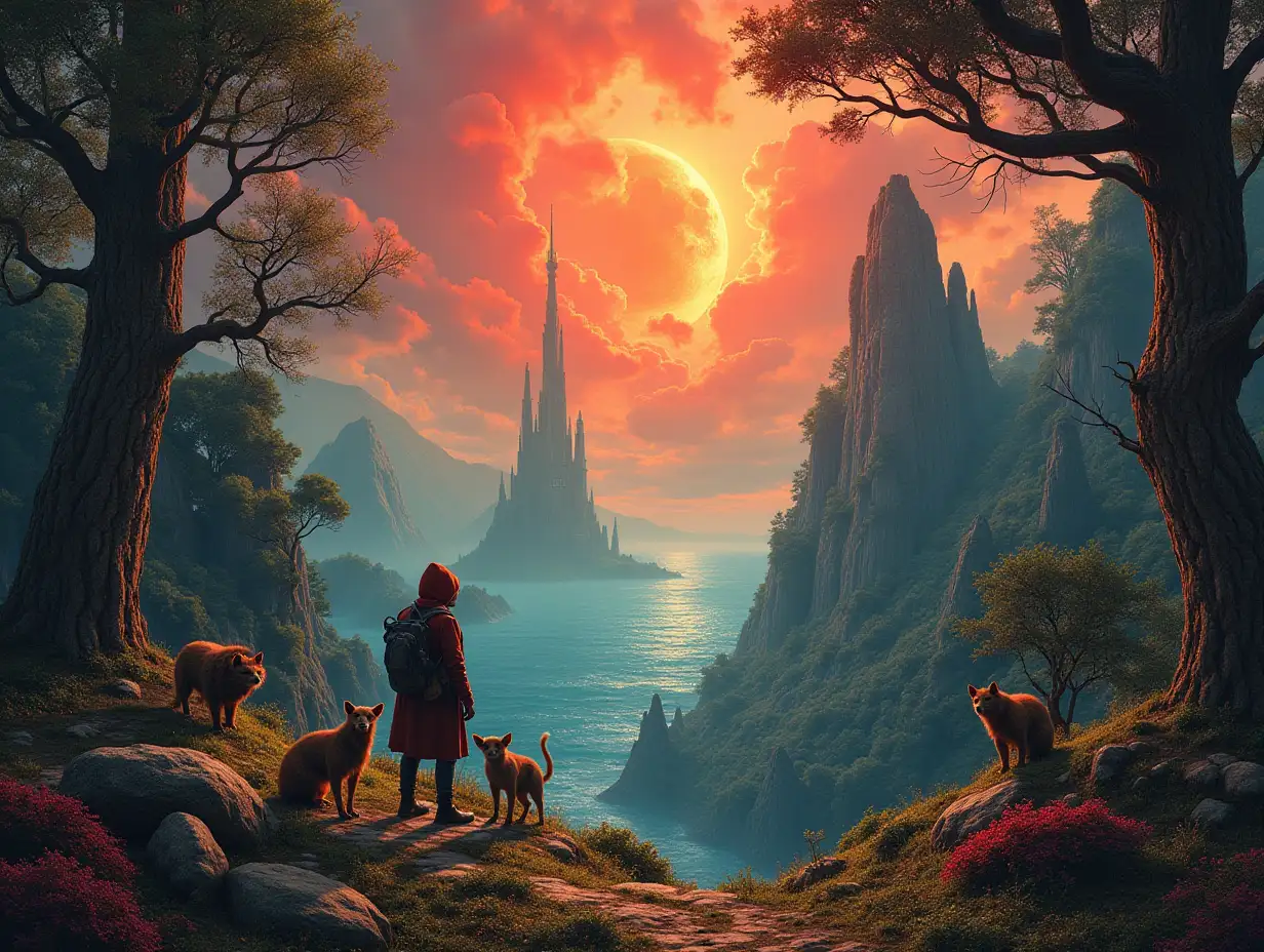 Hyperrealistic portrait of a multiverse time traveler with various alien beings-foreign creatures Detailed and colorful forest wilderness, with red clouds in the background utopic tower and sea