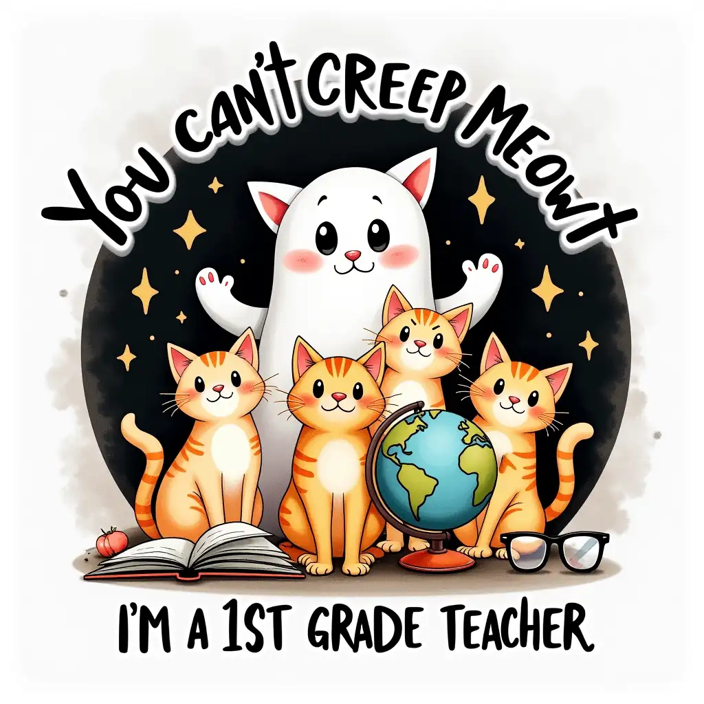 Watercolor. The image you've provided is a graphic design that reads 'You can't creep meowt, I'm a 1st grade teacher.' The design features four cartoon cats, each with a different expression, and a ghostly figure behind them. The cats are surrounded by various objects such as a book, a pencil, a globe, and a pair of glasses. The background of the image is black with a checkered pattern. The text is in a playful font, and the overall style of the image is whimsical and cartoonish. The image is designed to be humorous and festive, likely for Halloween or Teacher's Day. white background.