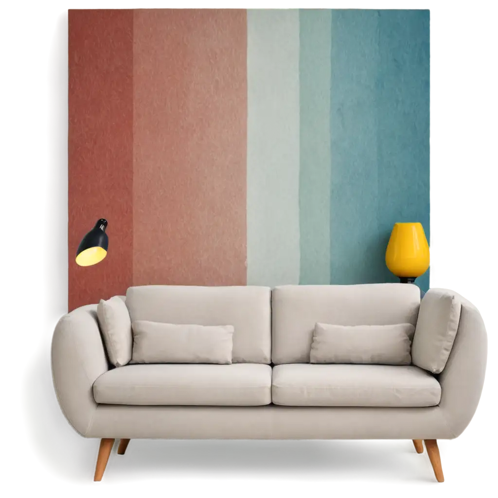 image of a room with a colored wallpaper behind, a sofa and a cabinet in Scandinavian style in front