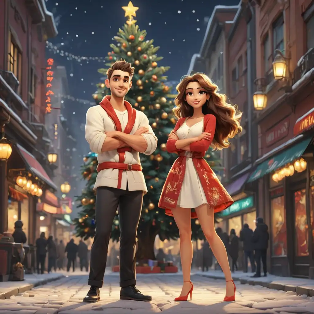 cartoon beautiful sexy man and woman happily cross hands stand in new year's clothing on the background of bright new year street a new year tree is standing