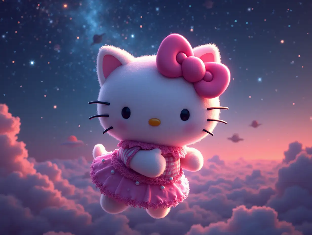 hello kitty in open space, more realistic cosmos