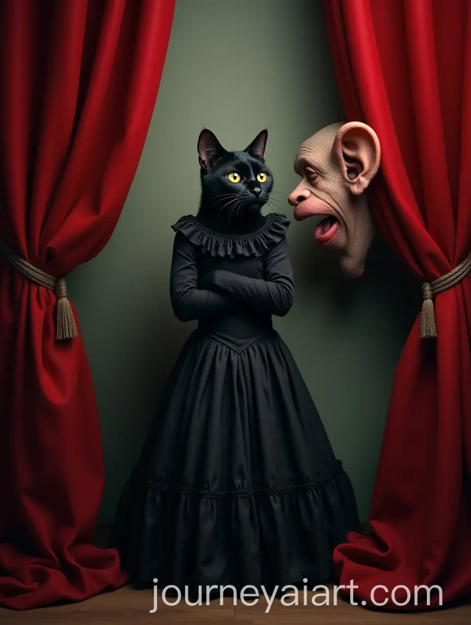 Whispering-Black-Cat-in-Victorian-Dress-with-Ear-and-Theater-Curtains