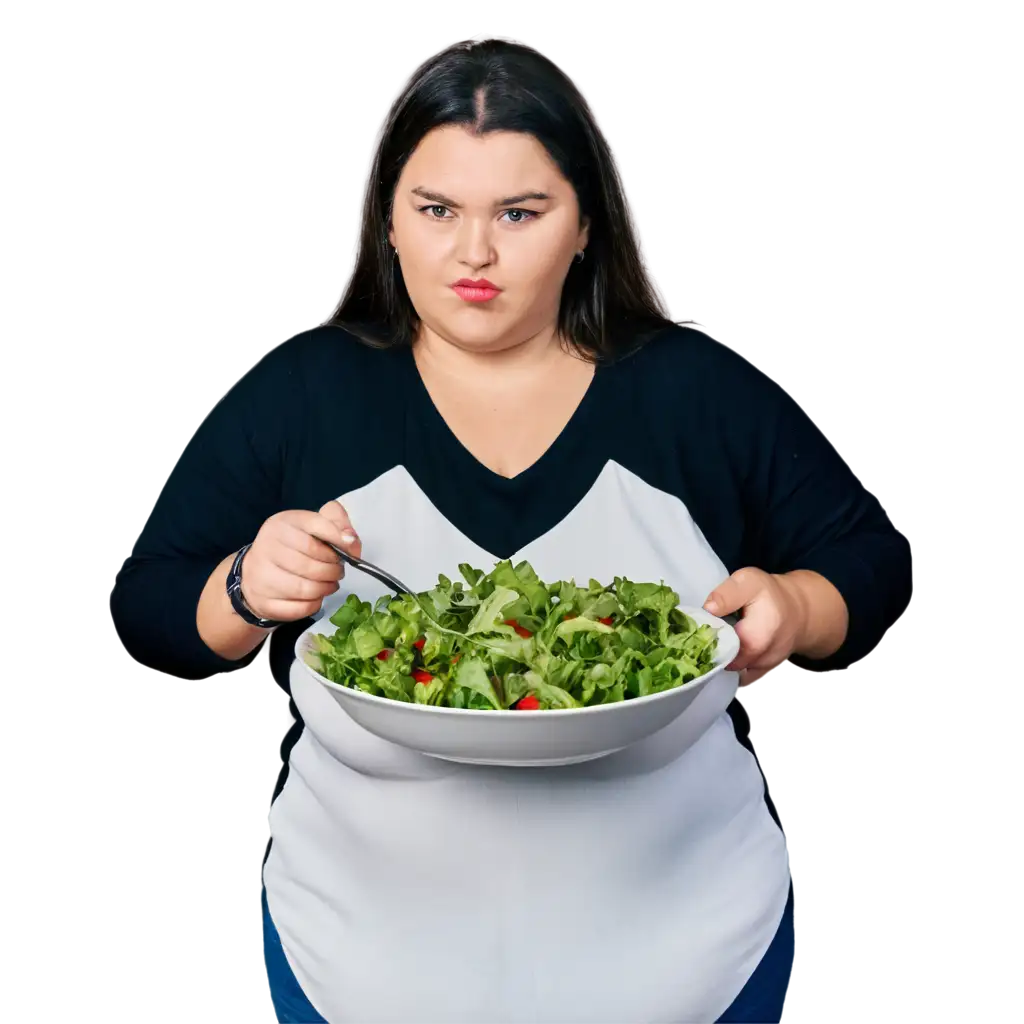 Obese-Woman-Eating-Salad-PNG-Image-Healthy-Lifestyle-Concept-Visualized