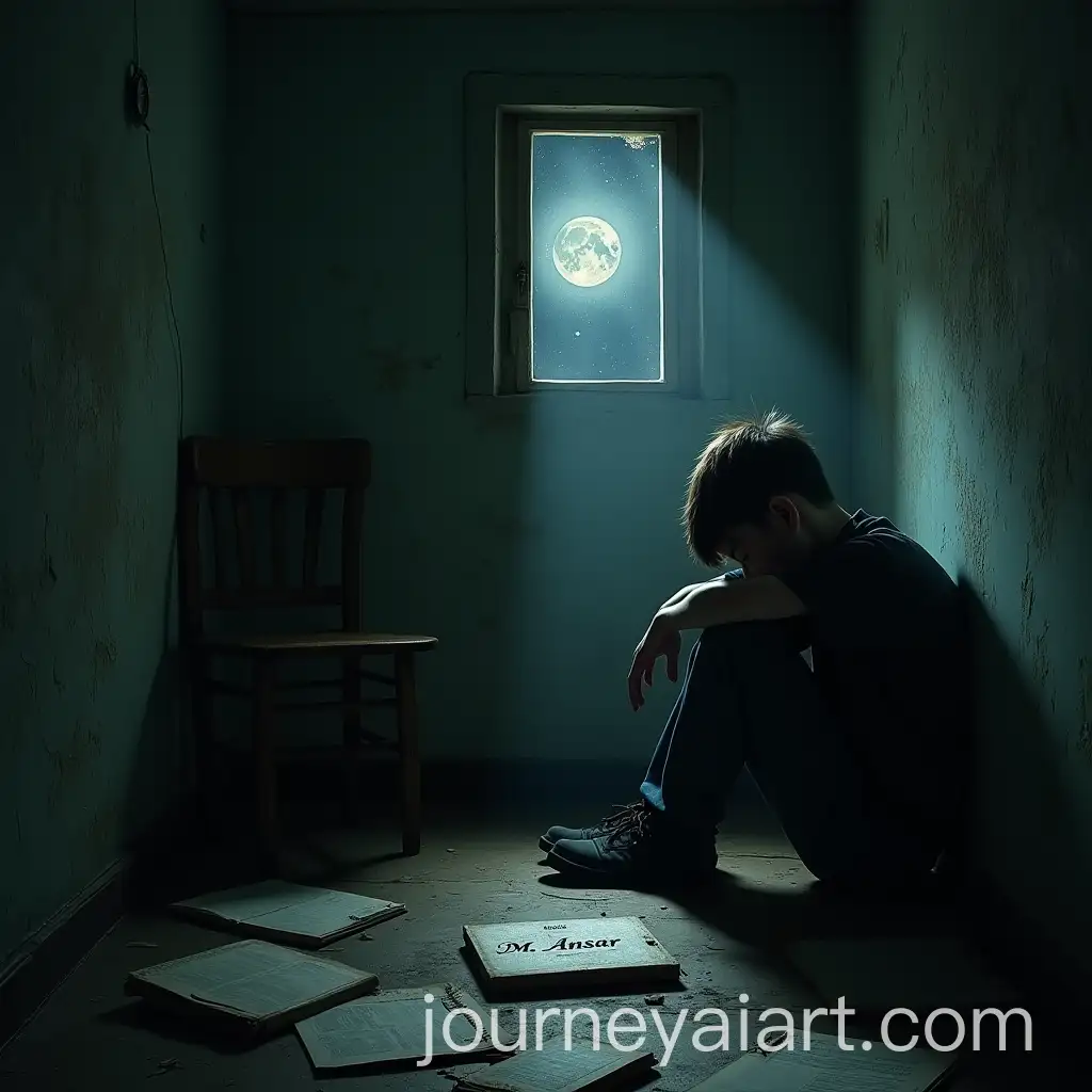 Teenage-Boy-in-a-Somber-Moonlit-Room-with-Broken-Clock-and-Journal
