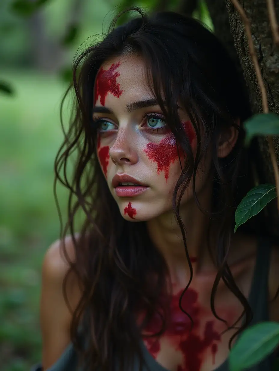 A-Woman-Seeking-Shelter-Under-a-Tree-Gazing-with-Haunting-Eyes-Stained-with-Blood