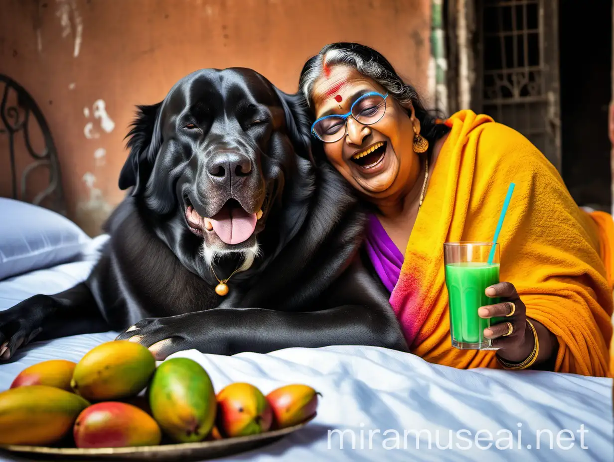 Indian Bodybuilder and Curvy Woman Sleeping with Mango Juice and Dog