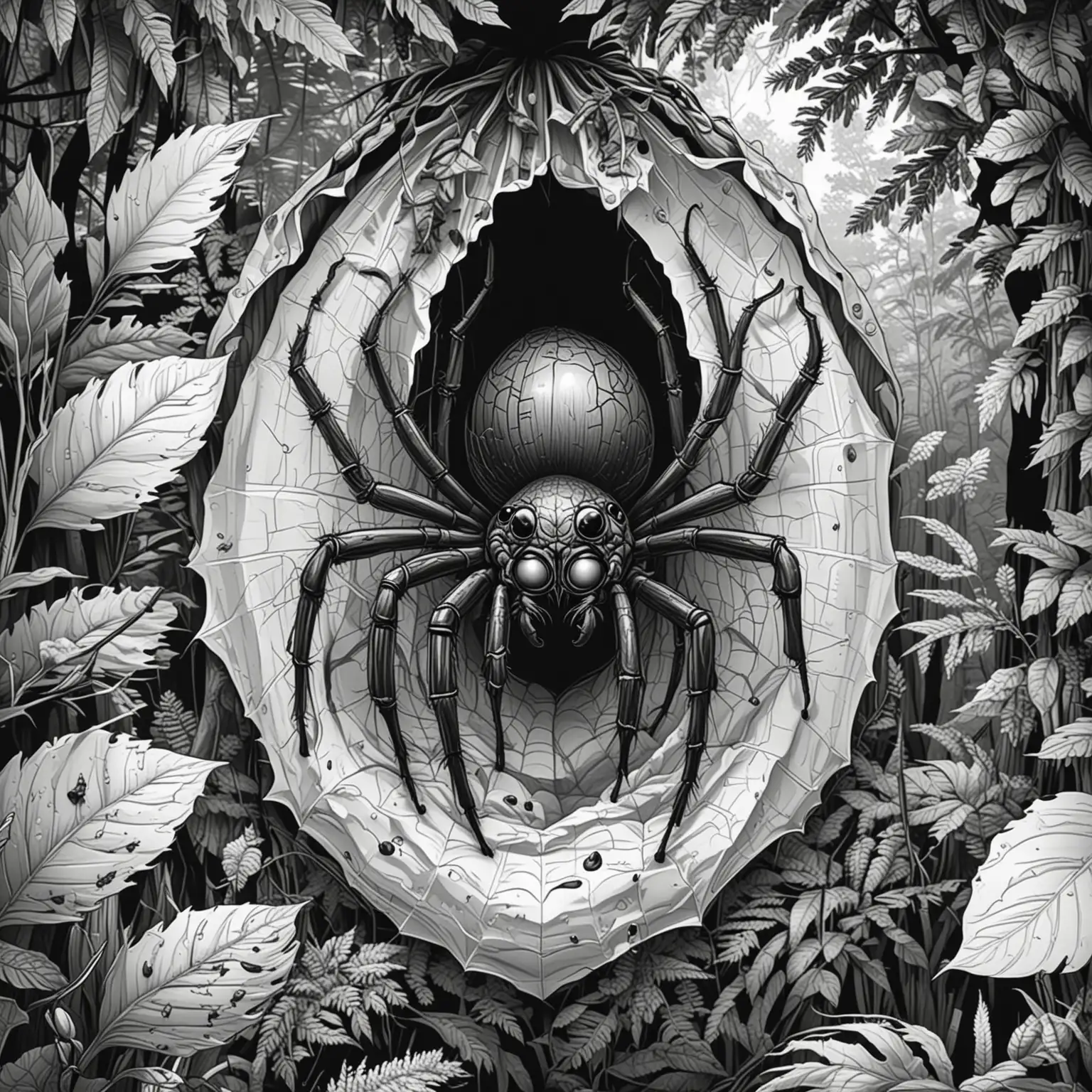 BigHead Spider Emerging from Cocoon in Forest Coloring Book