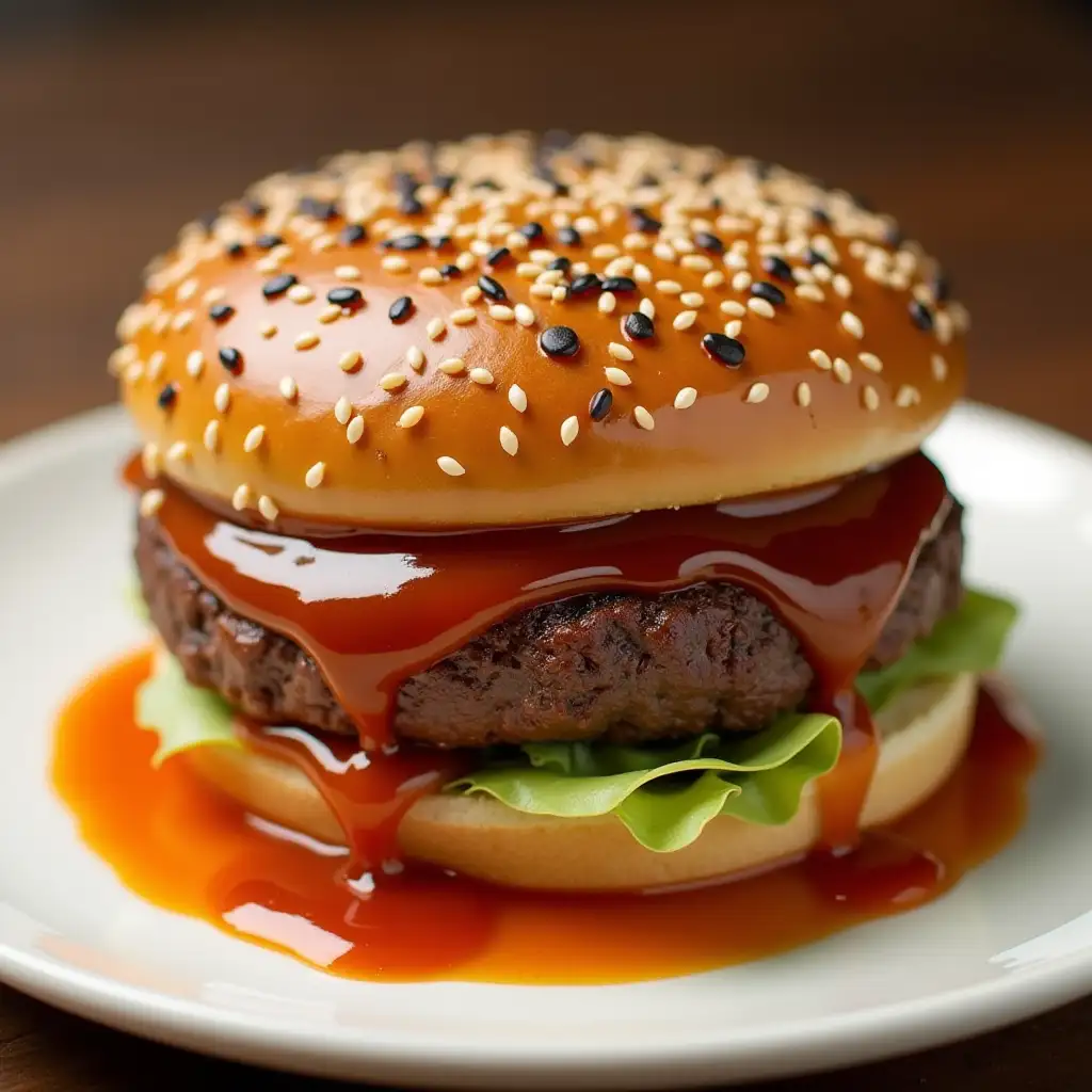 Burgur with barbecue sauce are on the plate, sprinkled with sesame seeds on top.