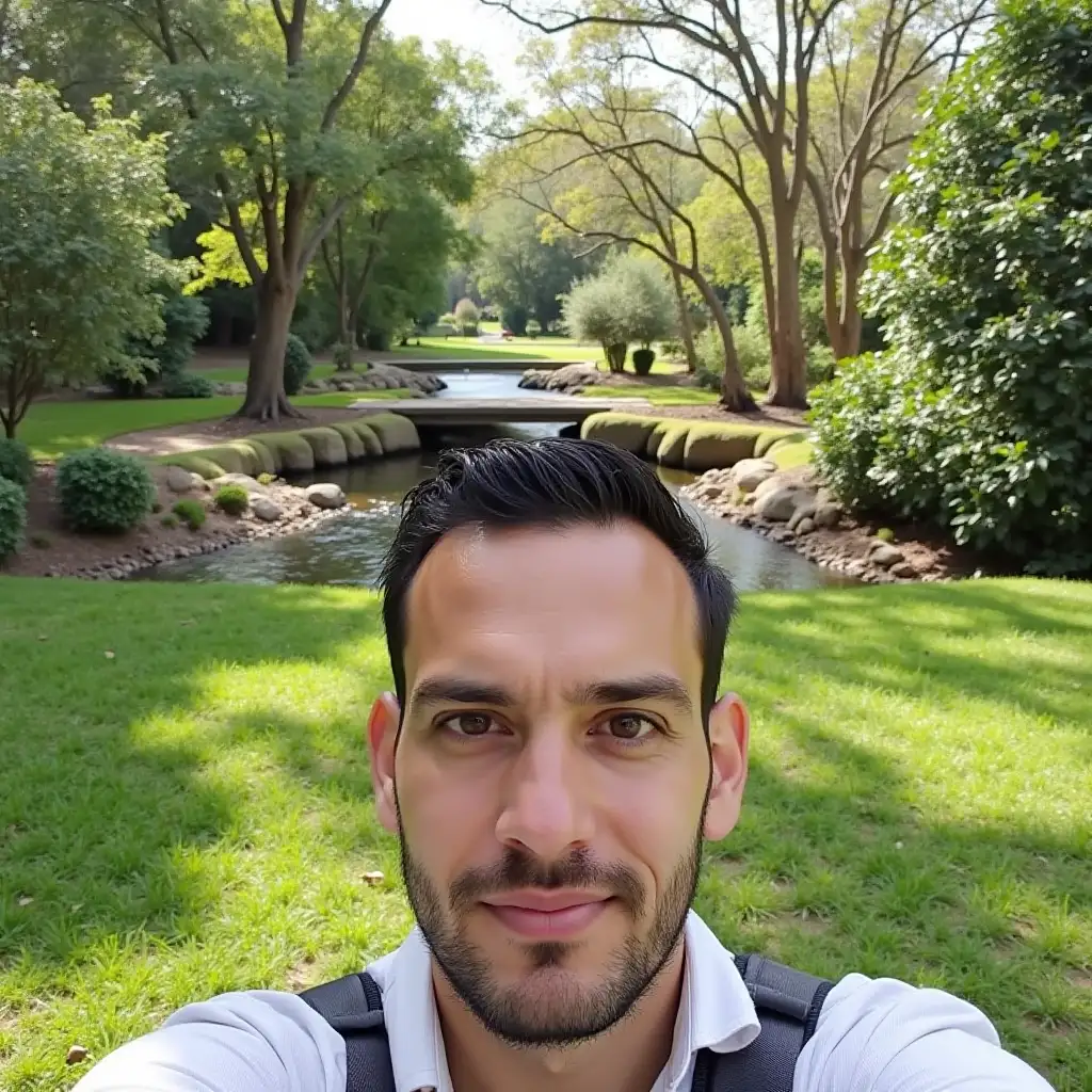 Man-in-Garden-with-Wooden-Bridge-and-Small-River-in-Sunlight