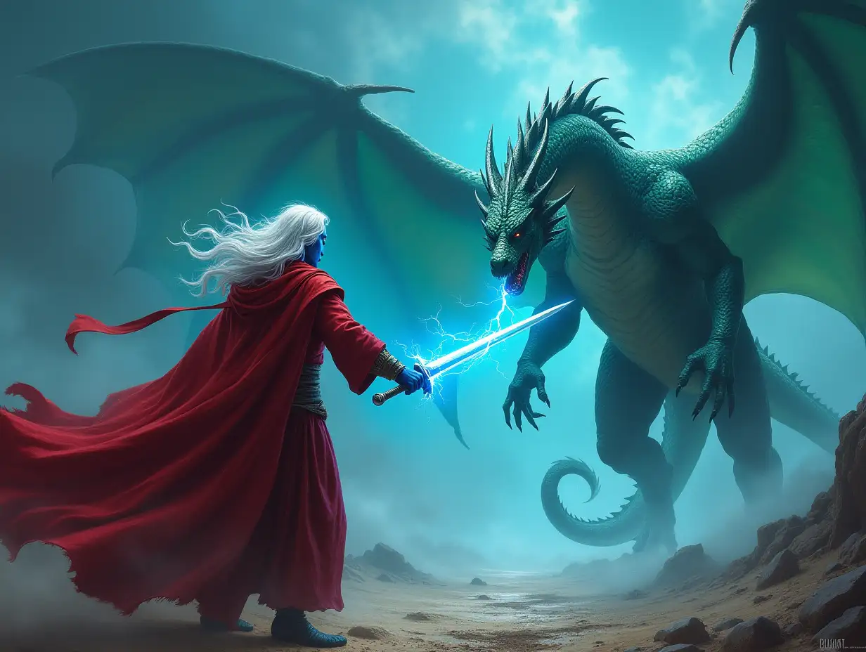 A dramatic painting, full scene view of a white haired blue skinned man in a red robe with a glowing blue sword, fighting a 100ft tall green dragon in the distance, the man is shooting a lightning bolt out of his hand at the dragon in the distance