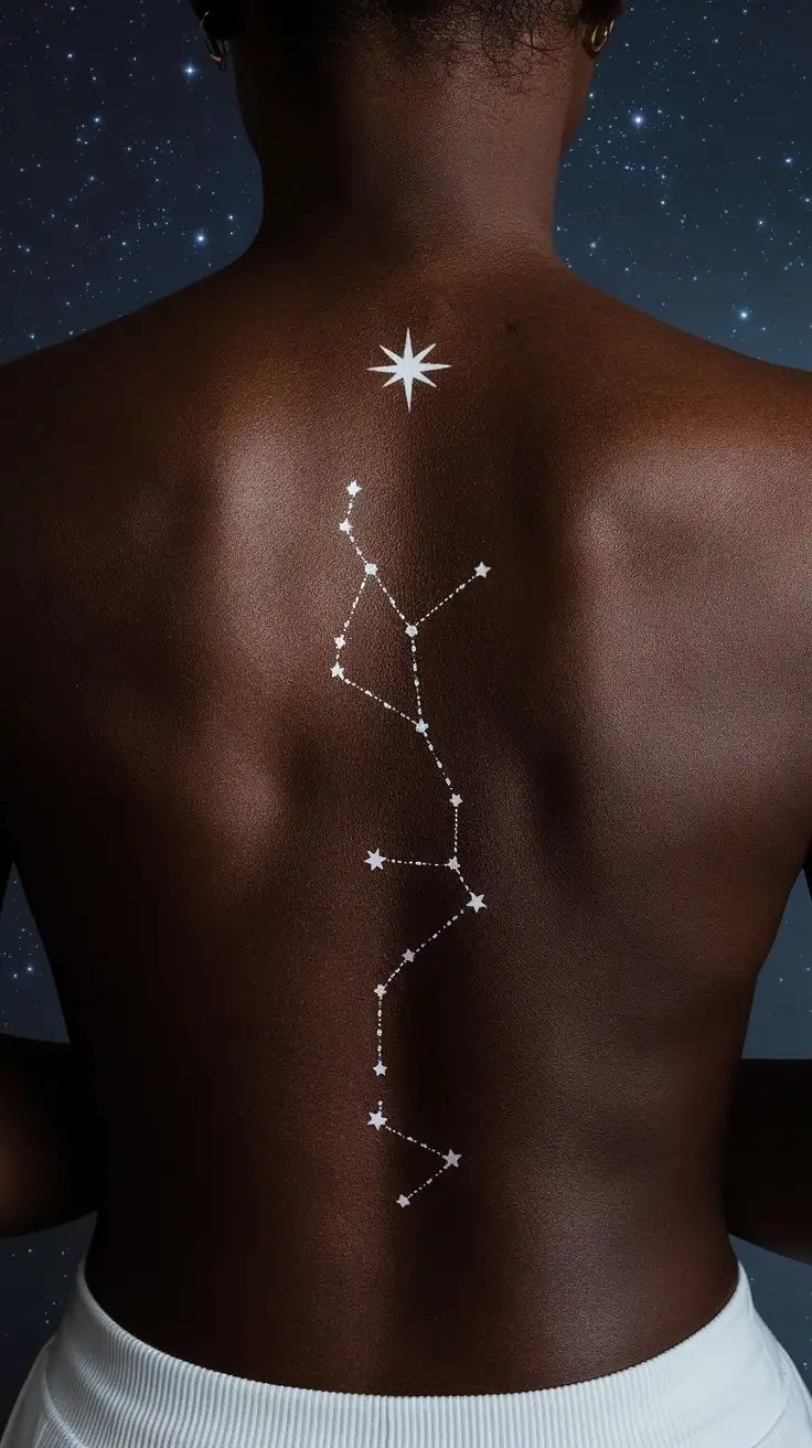 Custom constellation tattoo, lower back placement, star map of a specific zodiac or meaningful date, delicate dotwork and linework, minimalist and personal, white ink on dark skin, subtle and unique, night sky lighting, celestial and intimate style, 4k, detailed star patterns