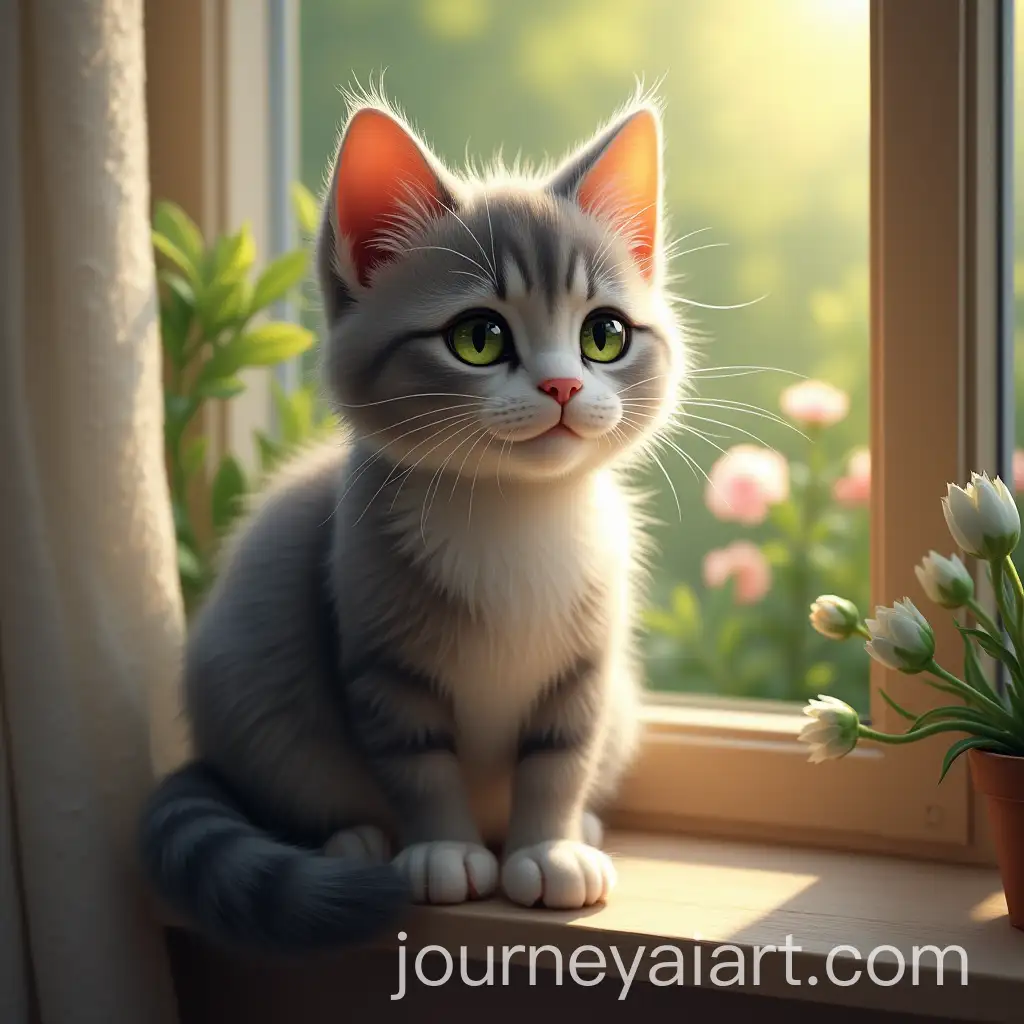 Domestic-Cat-Sitting-on-Windowsill-with-Sunlit-Garden-View